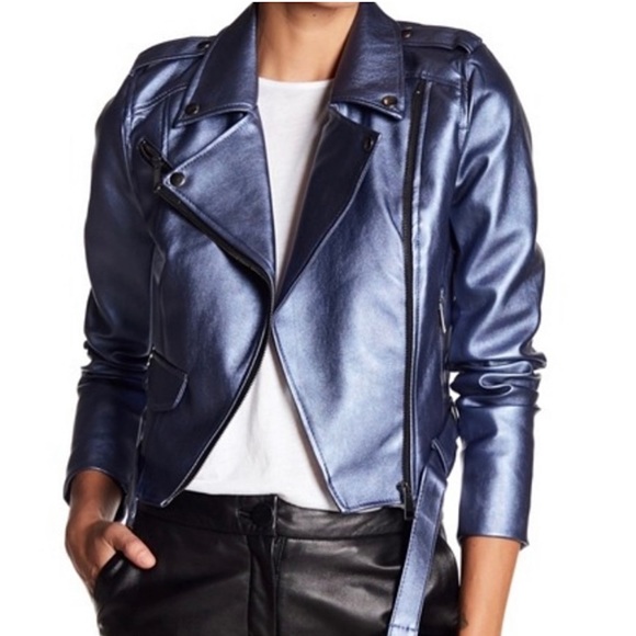 Romeo and Juliet Couture Vegan Leather Metallic Blue Crop Moto Jacket - Picture 7 of 9